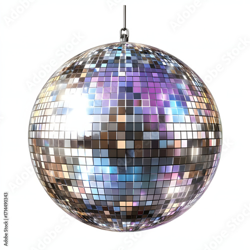 Sparkling disco ball reflecting colorful lights against white background