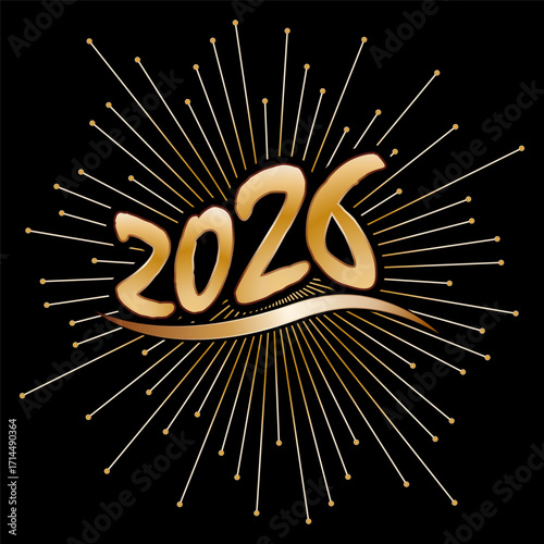 2026. Merry Christmas and Happy New Year. Stylized gold illustration for postcards, greetings and creative design