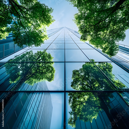 Modern glass skyscraper reflecting lush green trees and blue sky