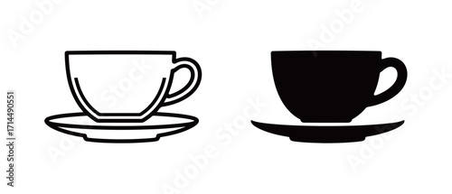 Black and white teacup and coffee cup icons, representing hot beverages and cafe culture.