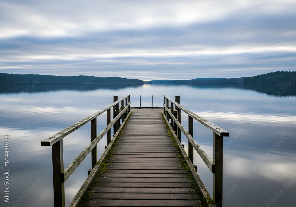 Fototapeta premium Wooden Pier Extending into Calm Lake Under Cloudy Sky.