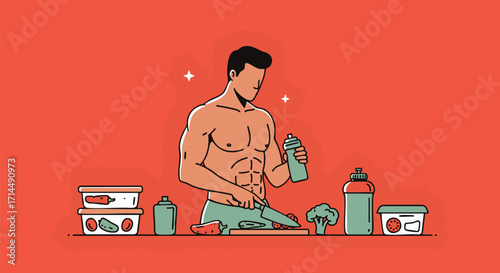 Healthy lifestyle illustration of a fit man preparing a nutritious meal with fresh vegetables