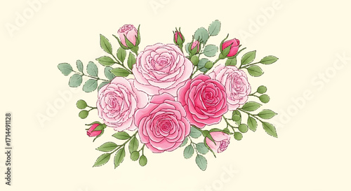 A beautiful bouquet of pink and white roses with green leaves, a charming illustration for any occasion