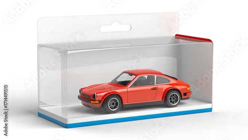 Red toy car in transparent packaging box isolated on white background collectible model

