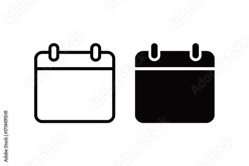 Calendar icon set. Day, week, and month scheduler symbol in outline and solid black silhouette. Simple vector for planning and time management.