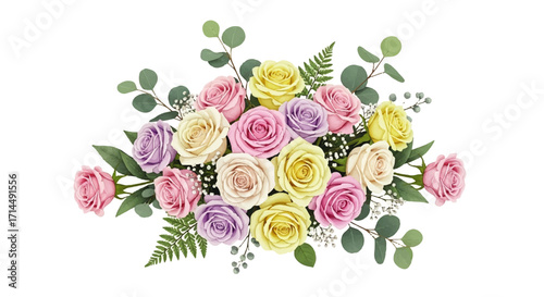 Elegant pastel rose bouquet with soft pink, yellow, and lavender blooms. Fresh green foliage and delicate filler flowers are beautifully arranged for celebrations and heartfelt gifts