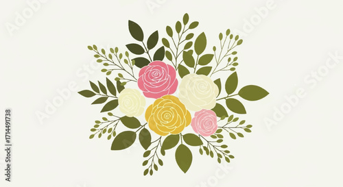 A beautiful arrangement of pink, yellow, and cream roses with green leaves, creating a charming floral bouquet on a light background