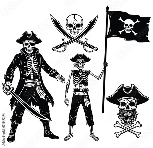 Black and white pirate skeleton figures and symbols on white background skull crossbones