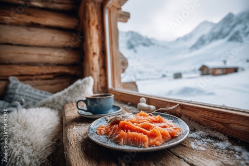 Cozy log cabin breakfast featu smoked salmon and coffee, offe a serene mountain view through a window du a snowy winter morning in the Alps.