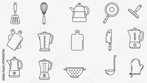 Kitchen Utensils and Appliances Line Icons.