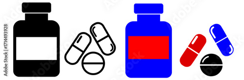 Medicine icon. Medicine bottle and pill icon. Medicine and bottle icon for health concepts.
