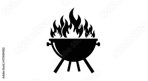 Black silhouette icon of a hot charcoal kettle barbecue grill with blazing flames for outdoor summer grilling and cooking