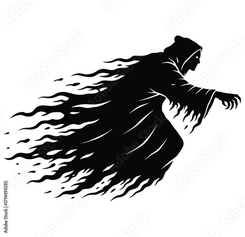 Black hooded figure dissolving into flames on white background ghost reaper