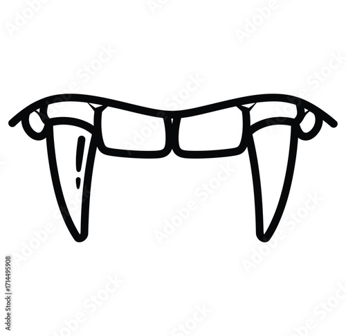 Black outline drawing of vampire fangs and teeth on white background mouth horror