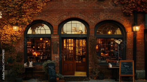 Cozy Restaurant Facade with Brick Wall, Arched Windows, and Warm Lighting in Autumn, Inviting Entrance