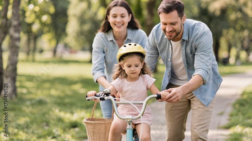 Happy family. Father teaches daughter to ride bike in park. Daughter riding bike for first time. Kid dream of traveling by bike. Girl is learning to ride a bike. Father helping hand to daughter