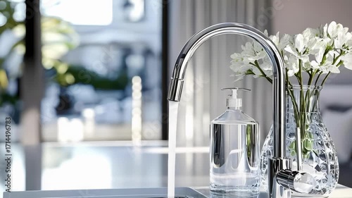 Modern kitchen sink with a tall curved chrome faucet, a soap dispenser, and a vase of white flowers on the counter.