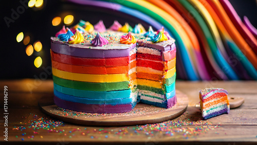 Sliced rainbow cake with layers of vibrant colors and festive sprinkles, perfect for celebrations.