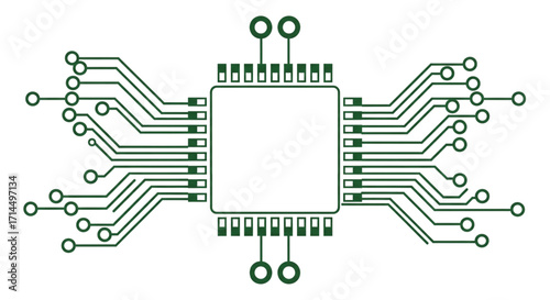 Green vector microchip integrated circuit with pins and circuit board traces on white background electronics hardware