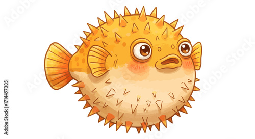Cute cartoon pufferfish illustration, swimming, with orange and yellow tones, isolated on white background, digital art, whimsical style.