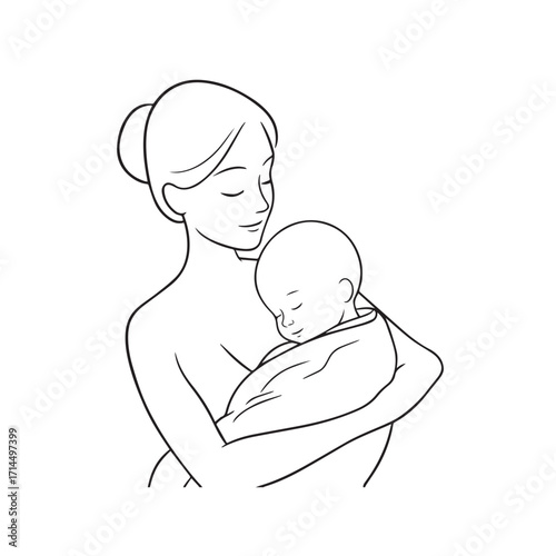Black and white line art of a beautiful mother lovingly embracing her baby minimalist tender illustration