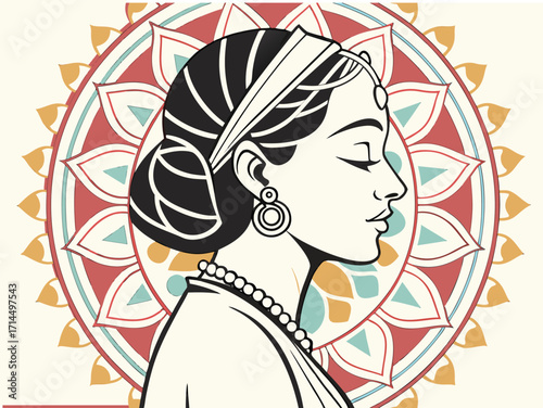Traditional Indian Lady with Mandala Pattern Background