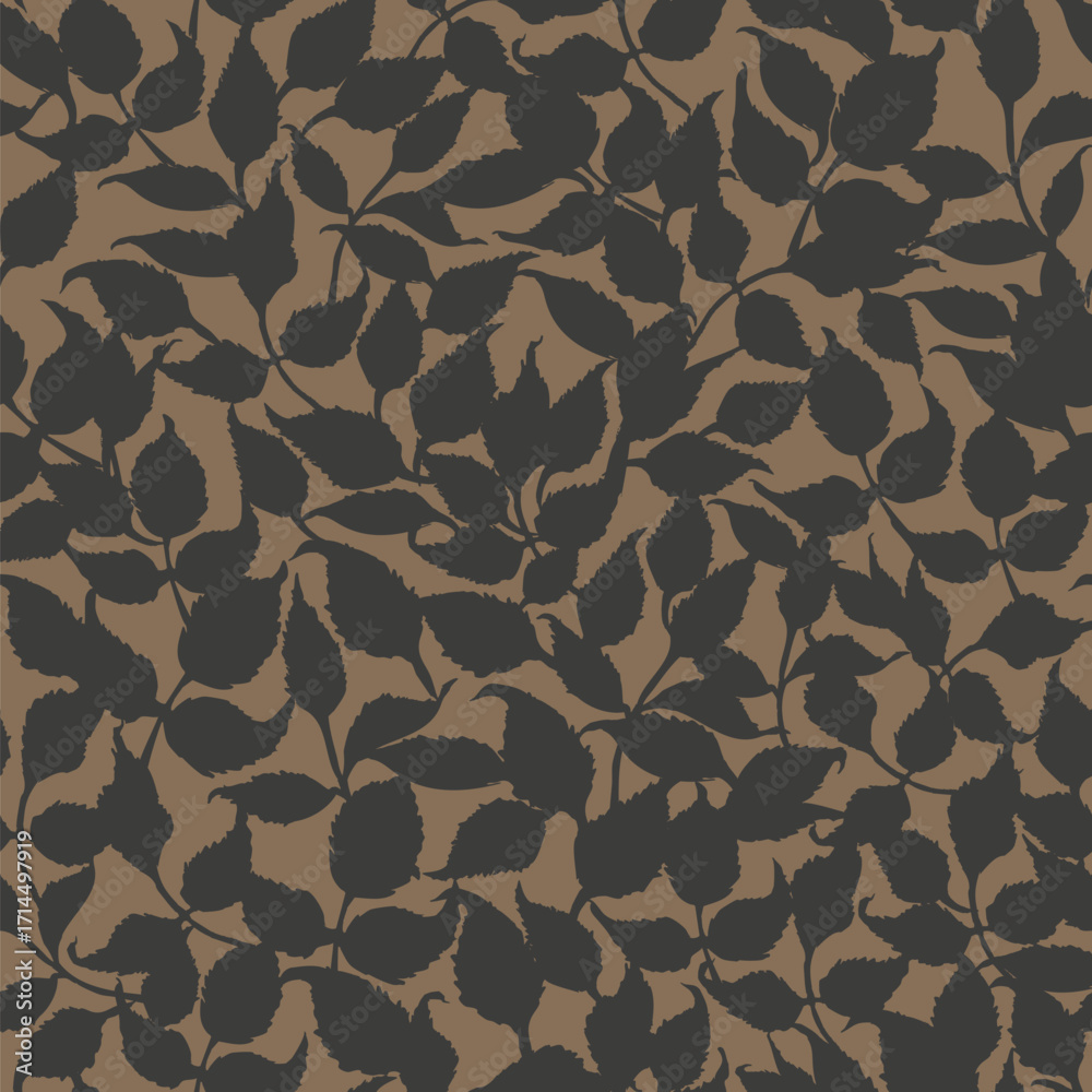 Fototapeta premium Hand drawn vector floral seamless pattern with leaves in black on brown craft. Garden plant background.