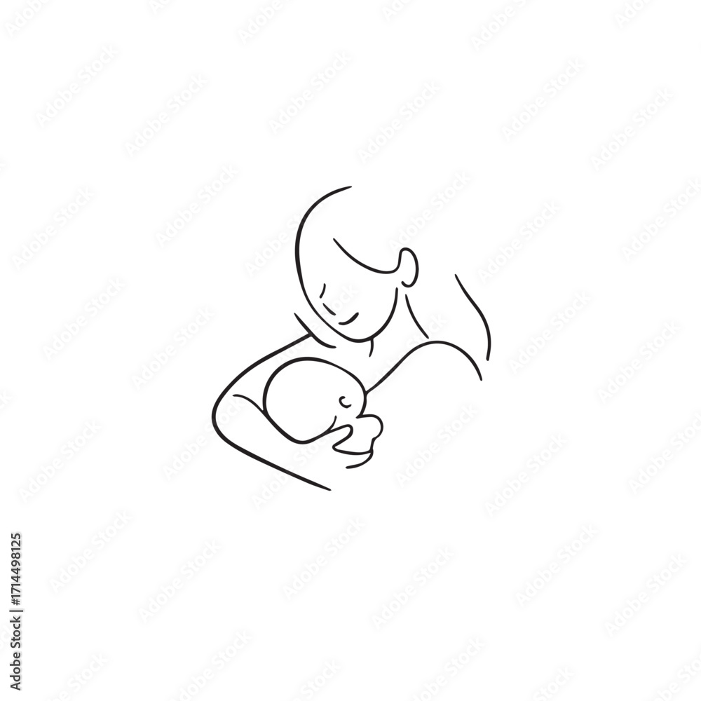 Fototapeta premium Black and white line art of a beautiful mother lovingly embracing her baby minimalist tender illustration