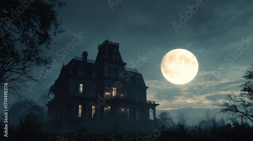 Ominous Victorian Manor Silhouetted Against a Haunting Full Moon.