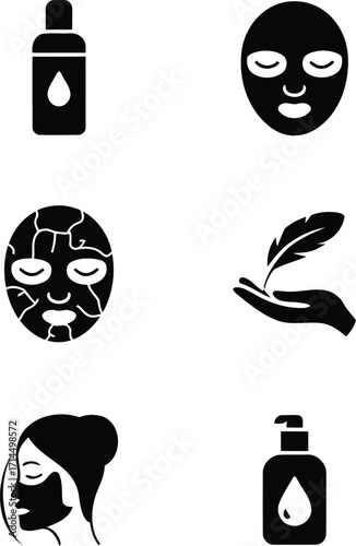 Beauty and Skincare Icons Representing Essential Self Care Routine Items for Facial Treatments and Relaxation in a Minimalist Style Design