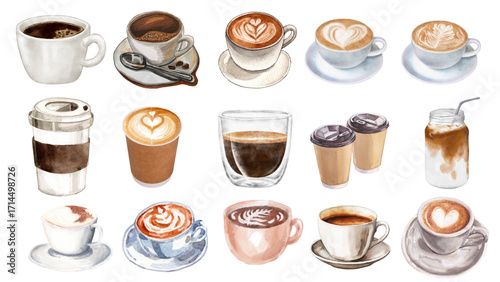Artistic watercolor illustration set showcasing a delightful variety of coffee and espresso drinks, including lattes, cappuccinos, and iced coffees, perfect for beverage menus