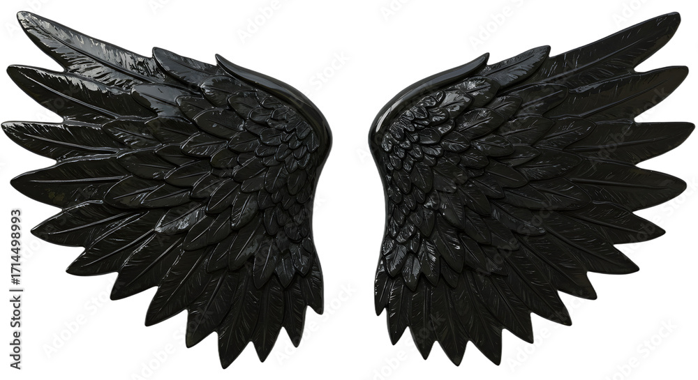 Obraz premium Elegant Black Angel Wings with Glossy Feathers on Dark Background png clear alpha channel cutout isolated on transparent background