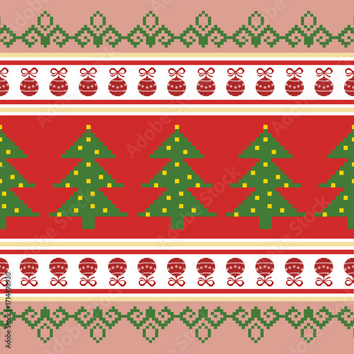Festive Christmas pattern with red, pink, and cream stripes. The center features green Christmas trees on a red background, accented with two borders: white with baubles and pink with green cross-stit
