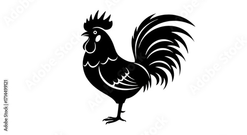 Detailed black rooster silhouette standing in profile, a stylized farm animal illustration with prominent comb, wattle, and tail feathers.