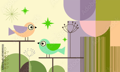 Two cute birds sitting on a branch in a garden with flowers and stars