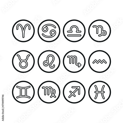 Zodiac sign icon set in line style for horoscope, birth chart, and constellation visuals.