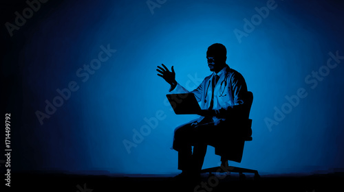 Doctor in dark room sits on chair with laptop, gesturing while explaining medical information