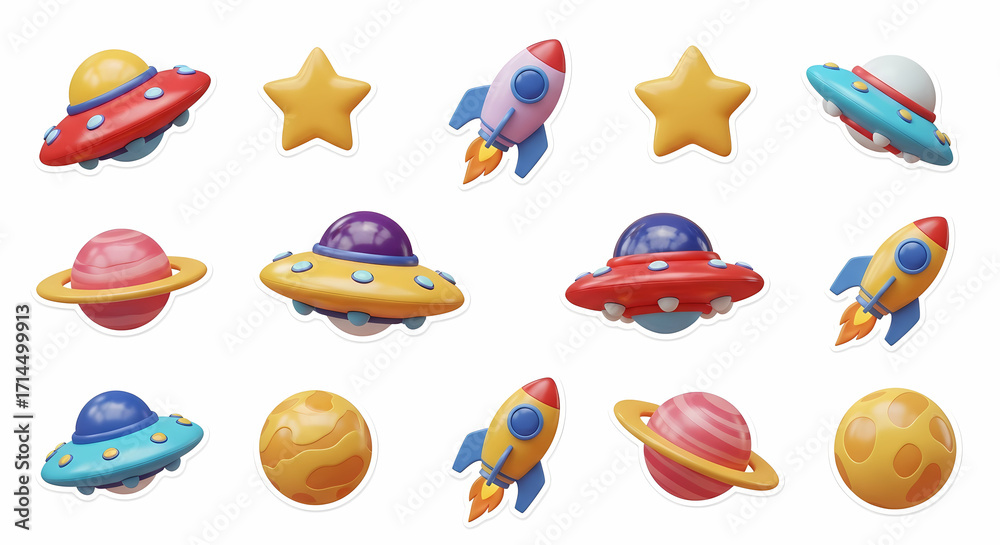 Naklejka premium 3D space icons, including colorful rockets, flying saucers, planets, and stars, isolated on a white background.