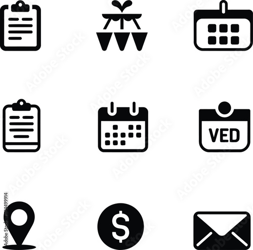 A Compendium of Diverse Black and White Icons Representing Essential Themes Encompassing Business Communication Navigation and Planning Depicting Money Documents Gardening Dates Places and Messages