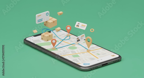 3D illustration of a smartphone displaying a delivery route map with package icons and location pins, against a teal background, showcasing a modern, clean aesthetic.