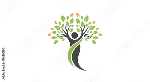 Stylized human figure forming a tree with vibrant green and orange leaves, representing growth, wellness, and natural harmony logo.