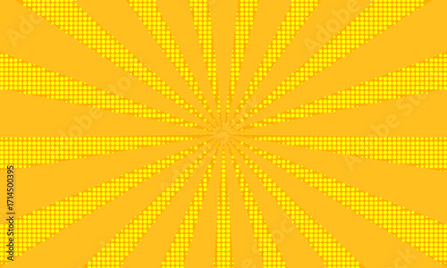 Retro orange sun rays on yellow halftone pattern background. Dotted or noise texture. Bright pixel art comic and pop-up design. Vector wall for poster, banner, advertising.