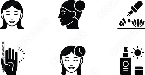 Skincare Icons Featuring Facials, Serums, Time, Hand Skin, and Sun Protection Illustrating a Comprehensive Beauty Routine and Maintaining Healthy Glowing Skin