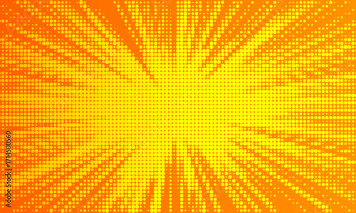 Orange halftone dots, abstract pattern with dark and bright gradient background. digital technology style wall texture ,cartoon or pop art elements, summer banner or comic.