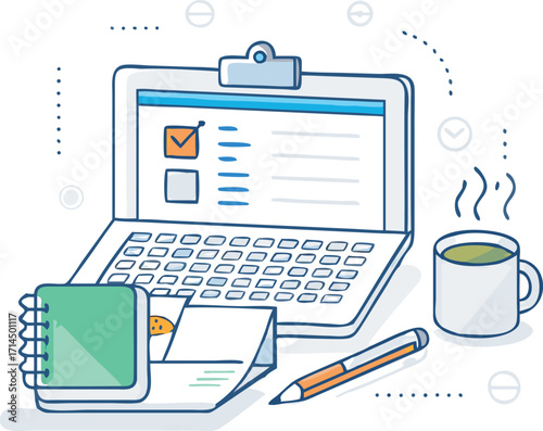 Workspace scene with laptop notebook pen and coffee cup drawing style elements vector