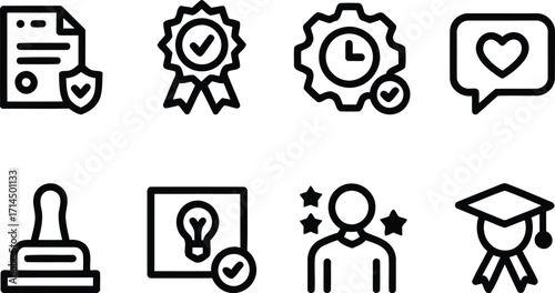 Icons Representing Achievements, Ideas, and Recognition for Accomplishments in Various Fields, Including Document Approval, Timely Work, and Academic Excellence