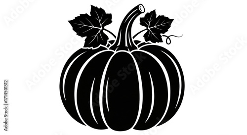 Monochromatic Black and White Pumpkin Silhouette with Leaves and Stem. Autumn Fall Harvest Halloween Thanksgiving Graphic.