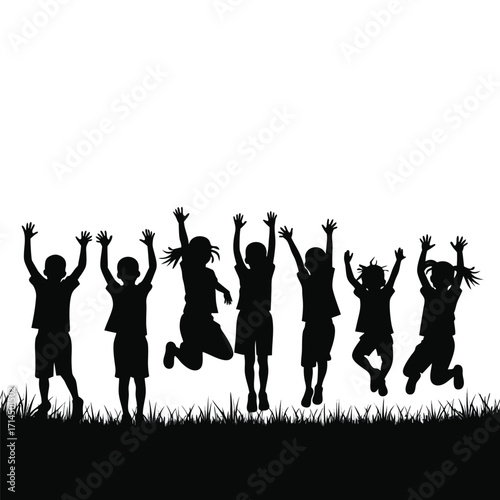 Black silhouette of children jumping in grass against white background