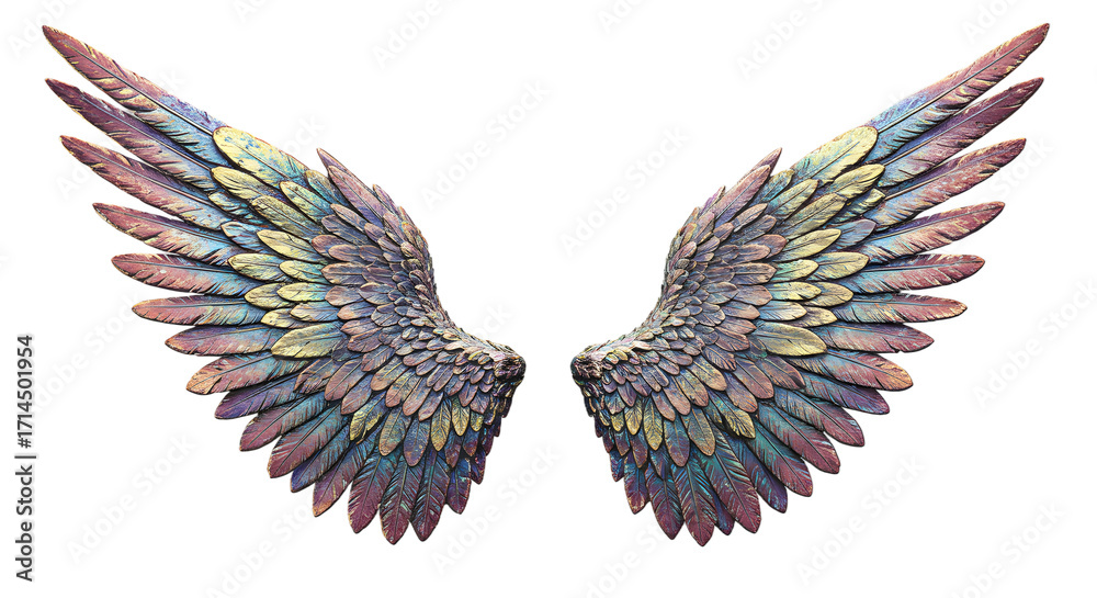 Obraz premium Fantasy Angel Wings with Iridescent Feathers, Mystical and Magical Symbolism png clear alpha channel cutout isolated on transparent background