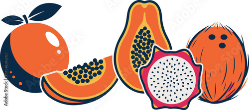 Vibrant Tropical Fruit Assortment in Flat Design Illustration